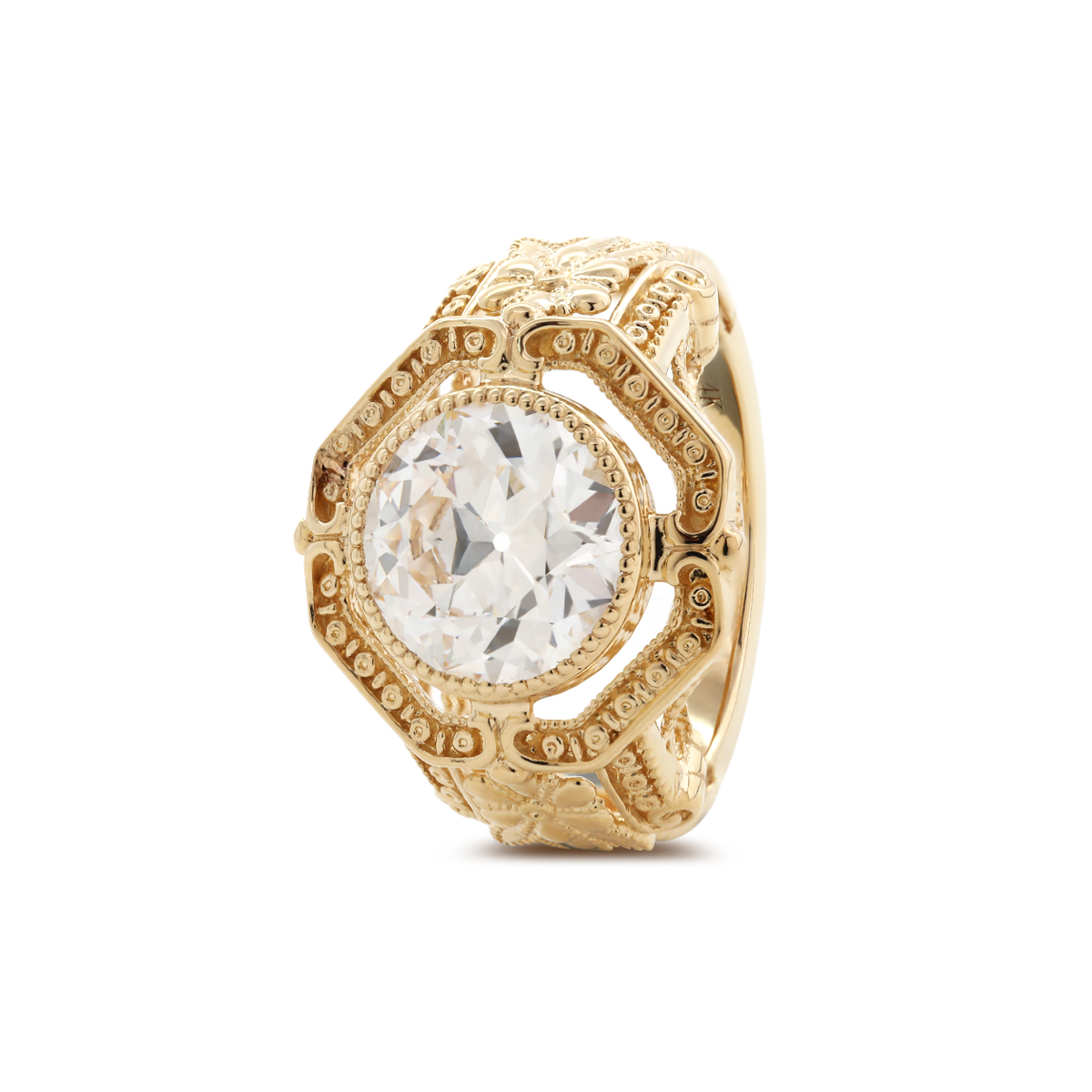 14K Yellow Gold 3ct Old European Cut Lab Diamond Millegrain Bezel Vintage Engraved Ring - Art Deco Style 14K Yellow Gold 3ct Old European Cut Lab Diamond Millegrain Bezel Vintage Engraved Ring - Art Deco Style