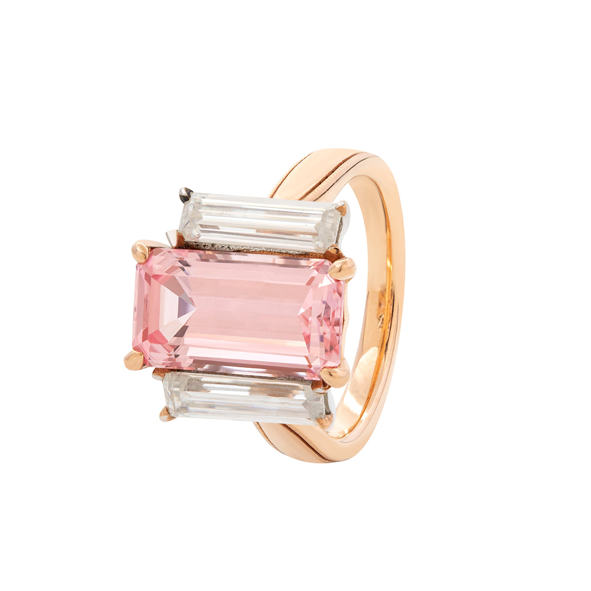 14K Rose and White Gold 13*6.5mm Emerald Cut Lab Pink Sapphire and Two Baguette Cut Lab Diamond Three Stone Cocktail Ring with Tapered Band 14K Rose and White Gold 13*6.5mm Emerald Cut Lab Pink Sapphire and Two Baguette Cut Lab Diamond Three Stone Cocktail Ring with Tapered Band