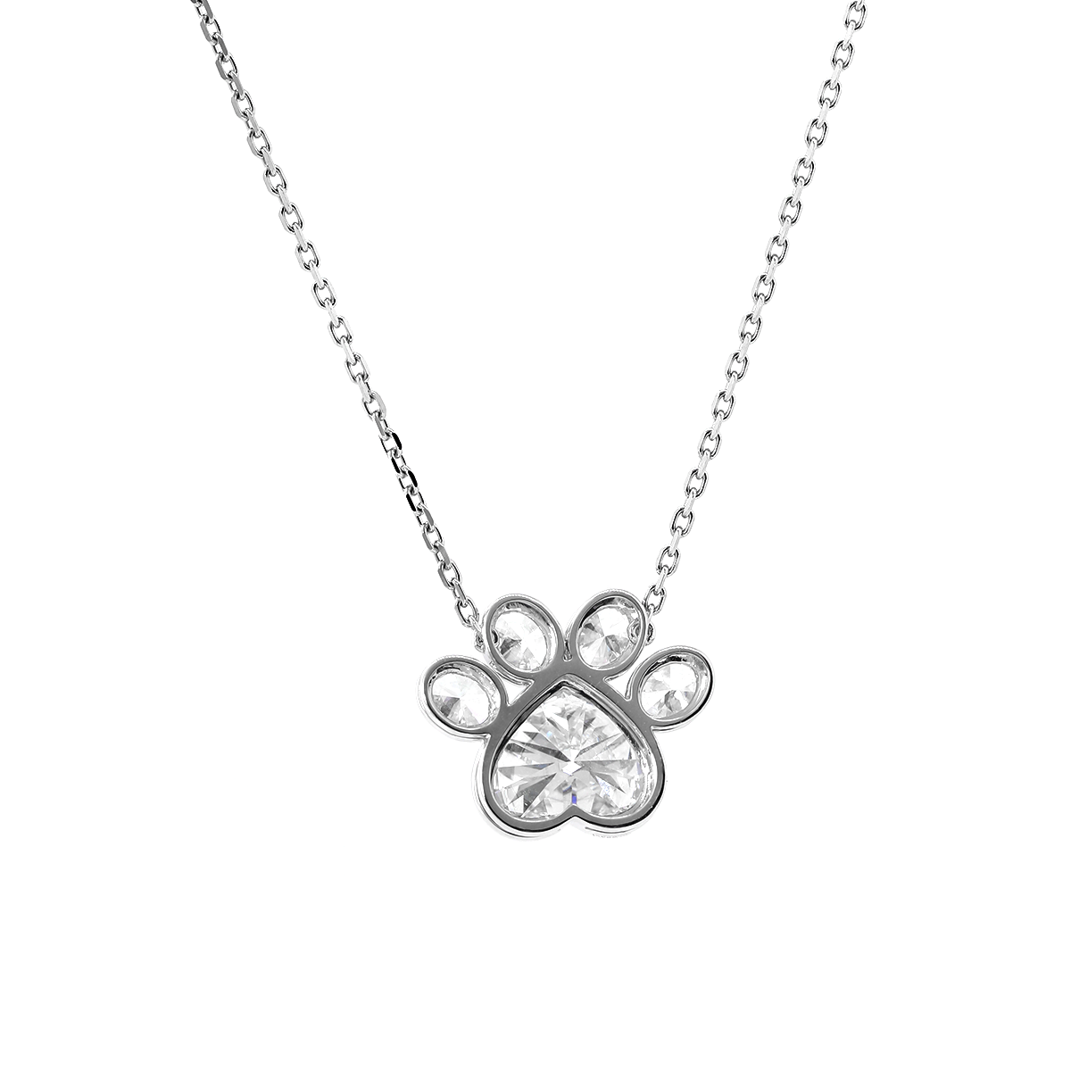 14K White Gold Heart Shaped and Oval Lab diamond Bella Paw Bezel Pendant Necklace 14K White Gold Heart Shaped and Oval Lab diamond Bella Paw Bezel Pendant Necklace