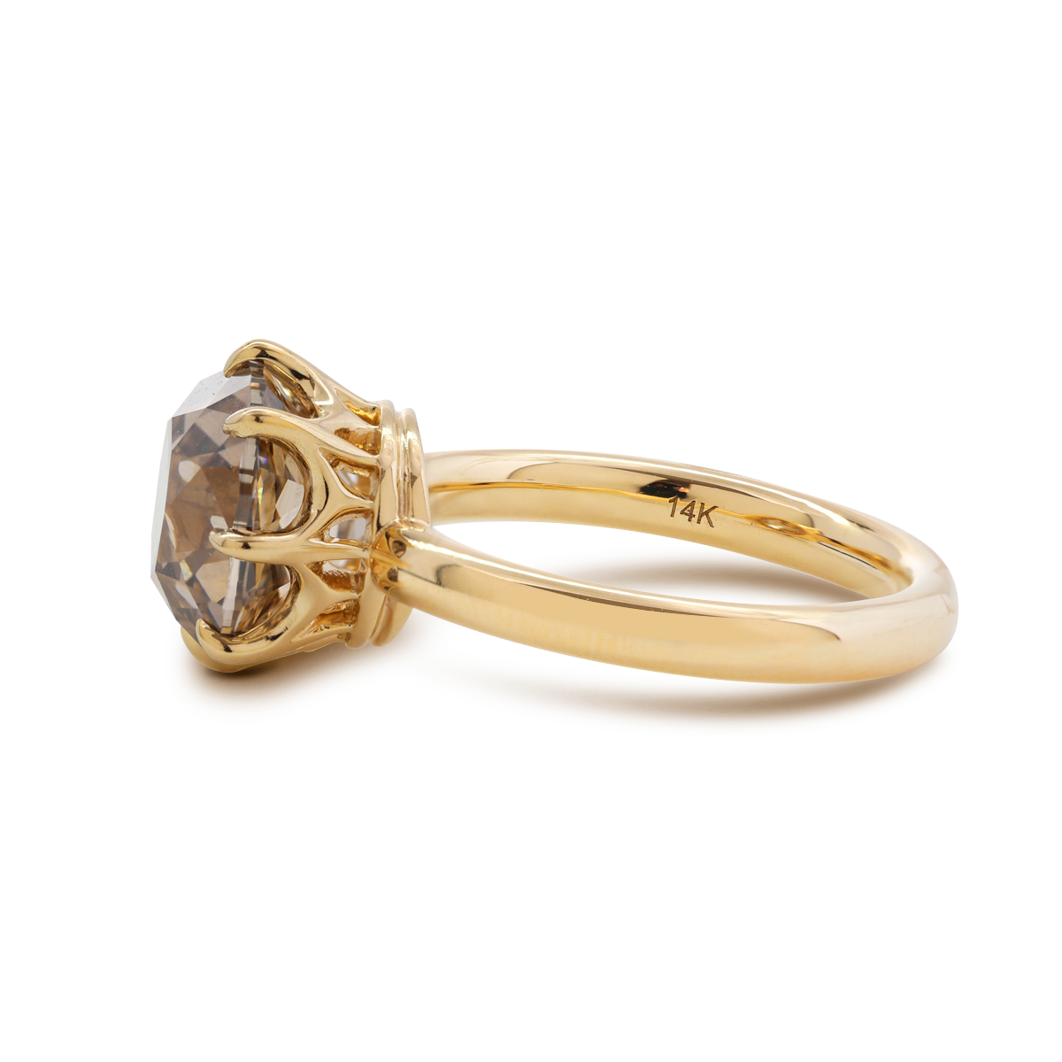 14K Yellow Gold 4.5ct Old Mine Cut Brown Lab Diamond 8 Claw Prongs Crown Setting Solitaire Ring 14K Yellow Gold 4.5ct Old Mine Cut Brown Lab Diamond 8 Claw Prongs Crown Setting Solitaire Ring