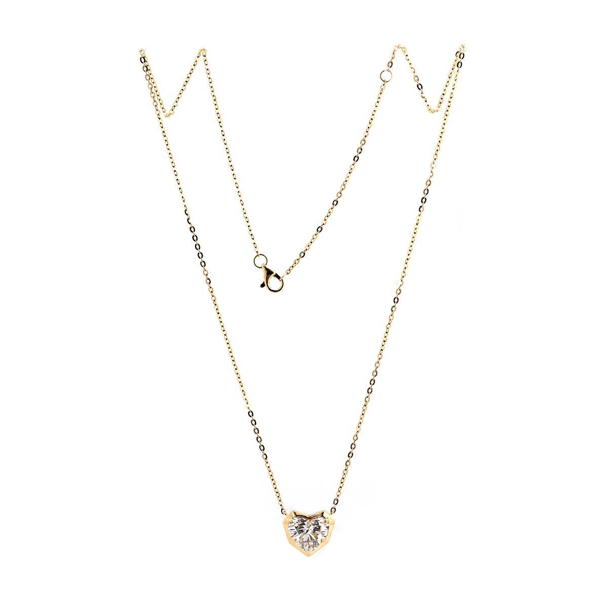 14K Yellow Gold Necklace with 2.5ct Heart Shaped Lab Diamond Pendant in Bezel Setting and Round Cross Chain 14K Yellow Gold Necklace with 2.5ct Heart Shaped Lab Diamond Pendant in Bezel Setting and Round Cross Chain