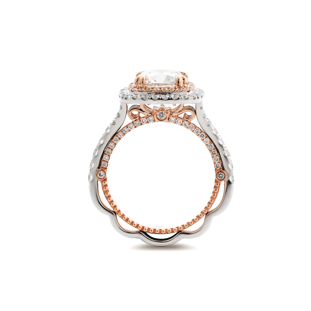 14K White and Rose Gold 2.5ct Old Mine Cut Lab Diamond Evelina Halo Edwardian Style Ring with Waverly Band and Millegrain Edging 14K White and Rose Gold 2.5ct Old Mine Cut Lab Diamond Evelina Halo Edwardian Style Ring with Waverly Band and Millegrain Edging
