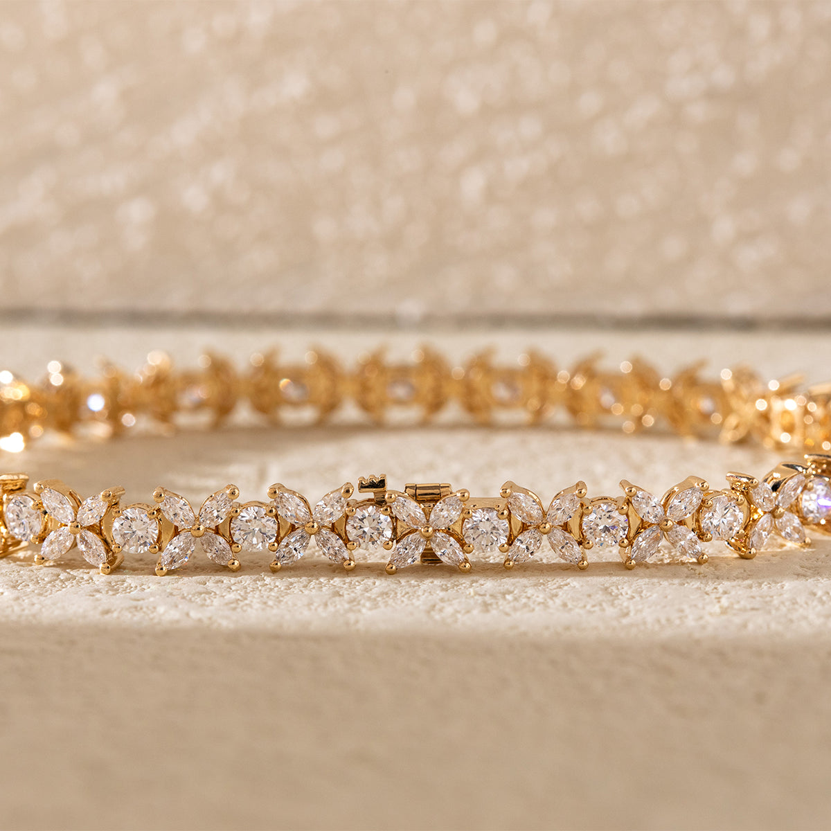 18K Yellow Gold Marquise Cut & Round Cut Lab Diamond Floral Tennis Bracelet 18K Yellow Gold Marquise Cut & Round Cut Lab Diamond Floral Tennis Bracelet