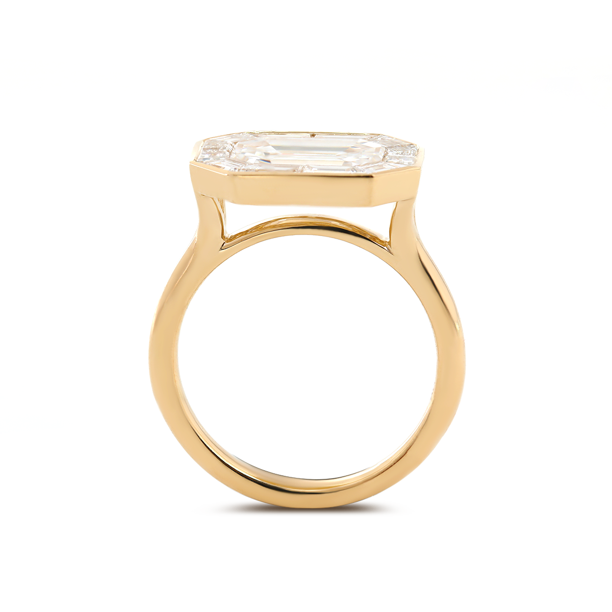 14K Yellow Gold 2.5ct Antique Emerald Cut Lab Diamond Ring with Tapered Step Cut Lab Diamond Halo 14K Yellow Gold 2.5ct Antique Emerald Cut Lab Diamond Ring with Tapered Step Cut Lab Diamond Halo