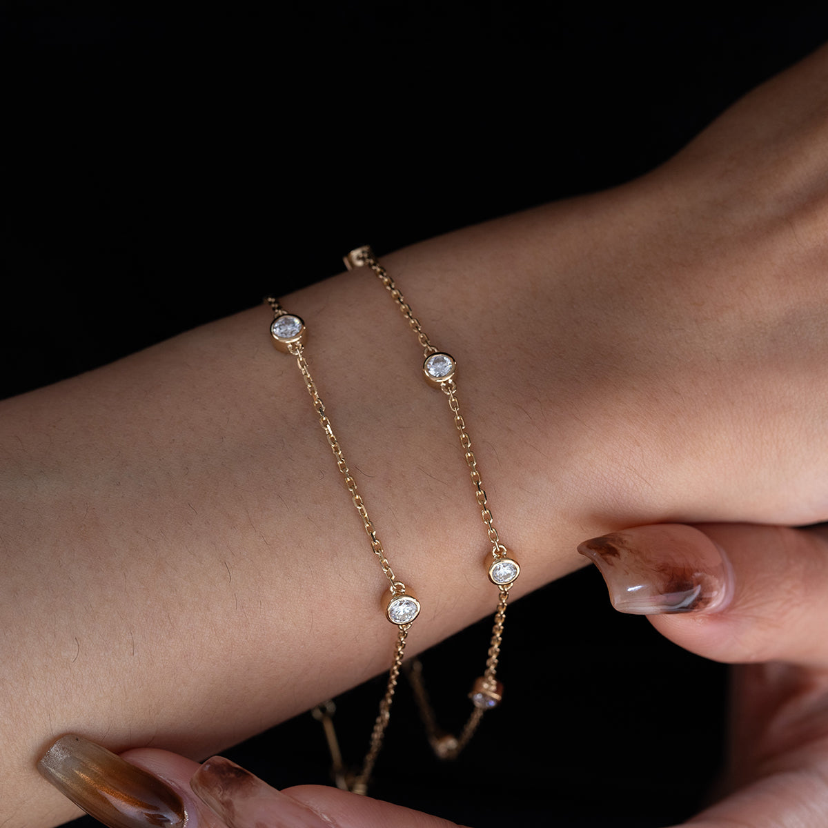 14K Yellow Gold Round Lab Diamond 3 Stone Bezel Station Bracelet 14K Yellow Gold Round Lab Diamond 3 Stone Bezel Station Bracelet