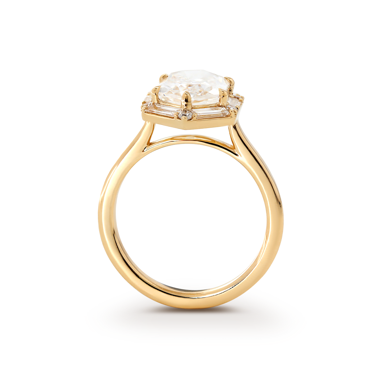 14K Yellow Gold 2.5ct Duchess Cut Elongated Hexagonal Lab Diamond Ring with Baguette Cut and Round Diamond Halo 14K Yellow Gold 2.5ct Duchess Cut Elongated Hexagonal Lab Diamond Ring with Baguette Cut and Round Diamond Halo
