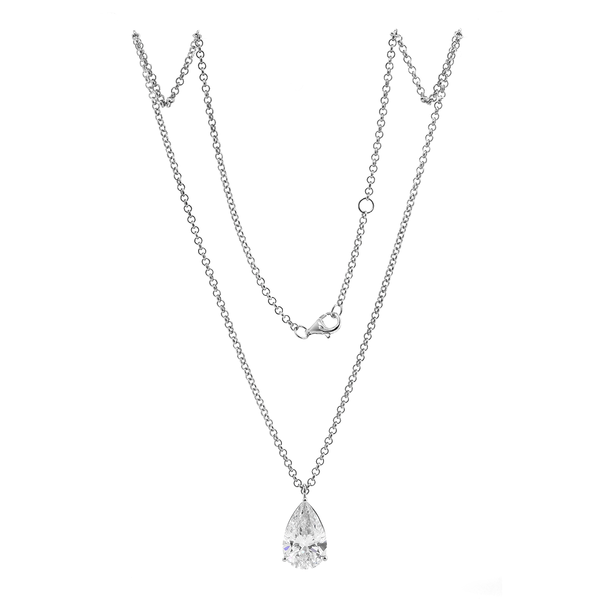 14K White Gold Necklace with 6ct Pear Shaped Lab Diamond Pendant in 3 Prong Basket Setting and Rolo Chain 14K White Gold Necklace with 6ct Pear Shaped Lab Diamond Pendant in 3 Prong Basket Setting and Rolo Chain