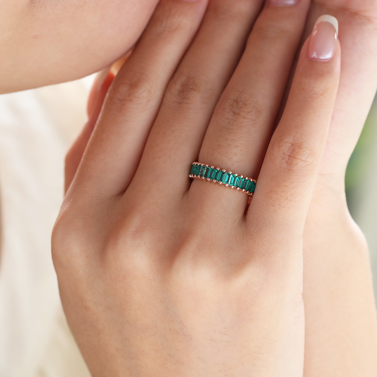 14K Rose Gold 3*1.5mm Baguette Cut Zambian Lab Emerald Eternity Ring 14K Rose Gold 3*1.5mm Baguette Cut Zambian Lab Emerald Eternity Ring