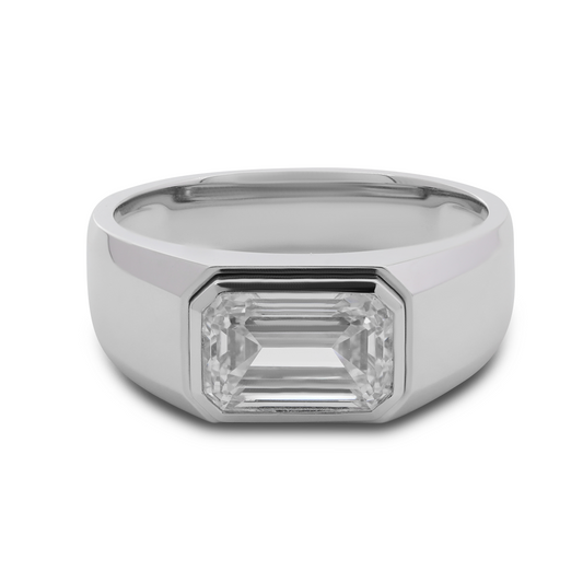 14K White Gold 3ct Emerald Cut Lab Diamond Bezel Men's Ring in Tapered Band Design