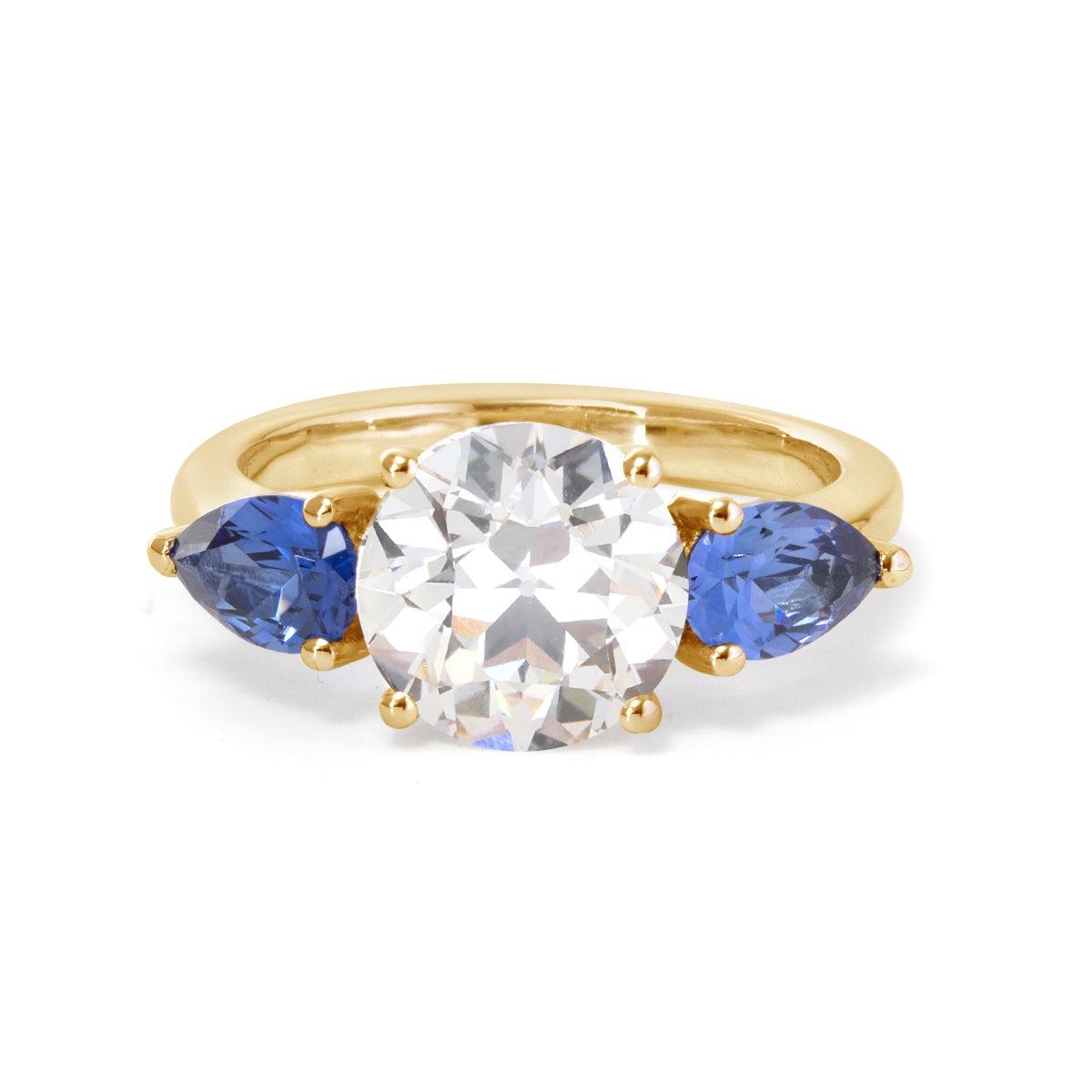 18K White Gold Old European Cut Lab Diamond Pear Sapphire Three Stone Ring 14K Yellow Gold 18K White Gold Old European Cut Lab Diamond Pear Sapphire Three Stone Ring 14K Yellow Gold