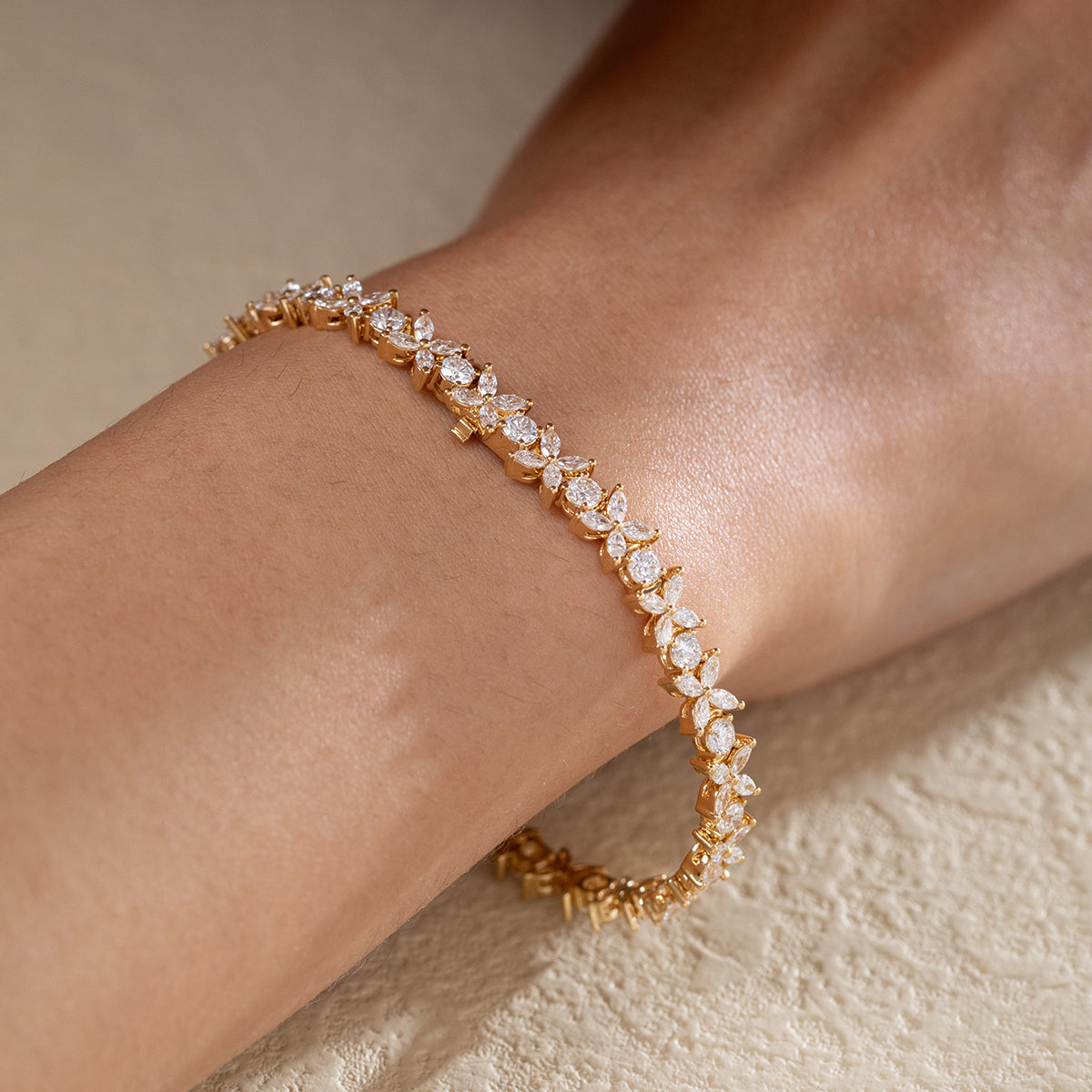 18K Yellow Gold Marquise Cut & Round Cut Lab Diamond Floral Tennis Bracelet 18K Yellow Gold Marquise Cut & Round Cut Lab Diamond Floral Tennis Bracelet