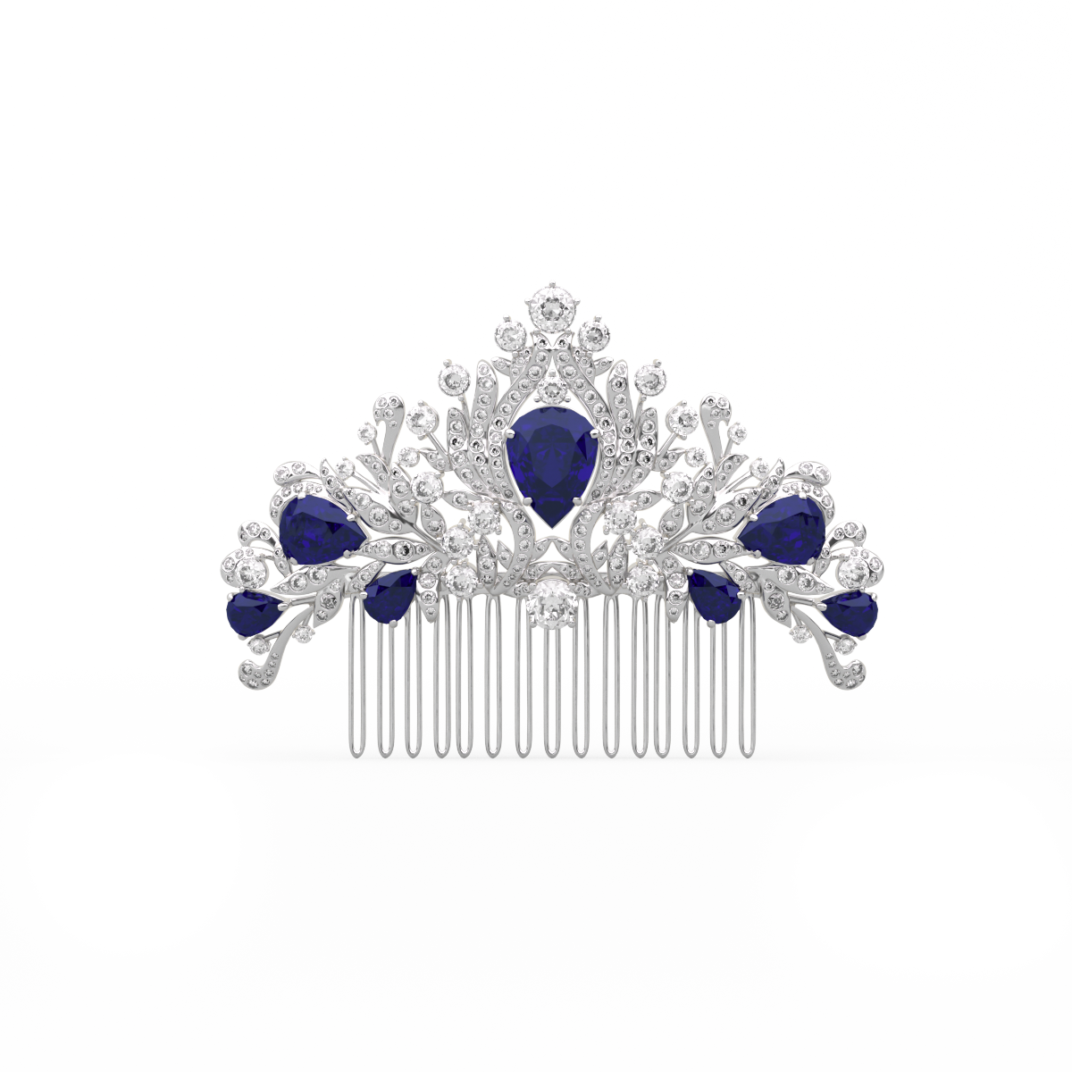 14K White Gold Pear Lab Sapphire and Round Lab Diamond Floral Crown Vintage Bridal Comb 14K White Gold Pear Lab Sapphire and Round Lab Diamond Floral Crown Vintage Bridal Comb