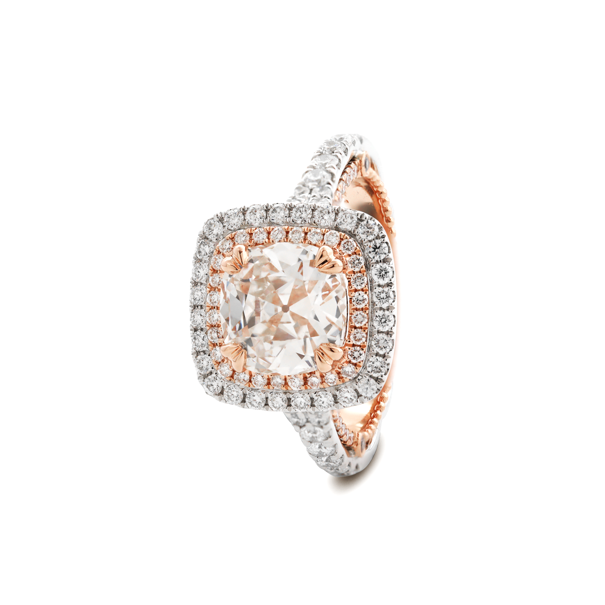 14K White and Rose Gold 2.5ct Old Mine Cut Lab Diamond Evelina Halo Edwardian Style Ring with Waverly Band and Millegrain Edging 14K White and Rose Gold 2.5ct Old Mine Cut Lab Diamond Evelina Halo Edwardian Style Ring with Waverly Band and Millegrain Edging