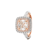 14K White and Rose Gold 2.5ct Old Mine Cut Lab Diamond Evelina Halo Edwardian Style Ring with Waverly Band and Millegrain Edging 14K White and Rose Gold 2.5ct Old Mine Cut Lab Diamond Evelina Halo Edwardian Style Ring with Waverly Band and Millegrain Edging