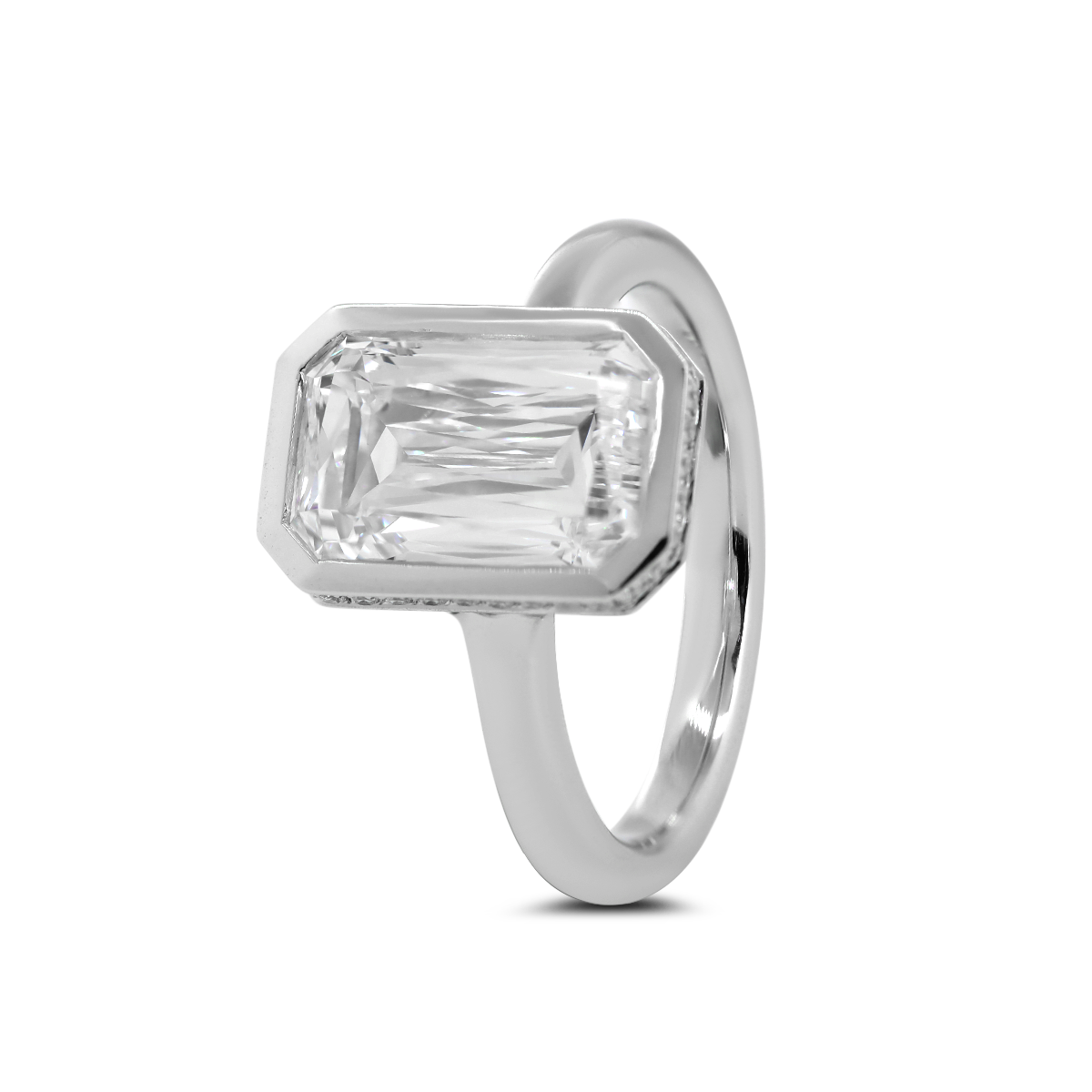 14K White Gold 3ct Criss Cut Bezel Ring with Round Lab Diamond Hidden Halo 14K White Gold 3ct Criss Cut Bezel Ring with Round Lab Diamond Hidden Halo