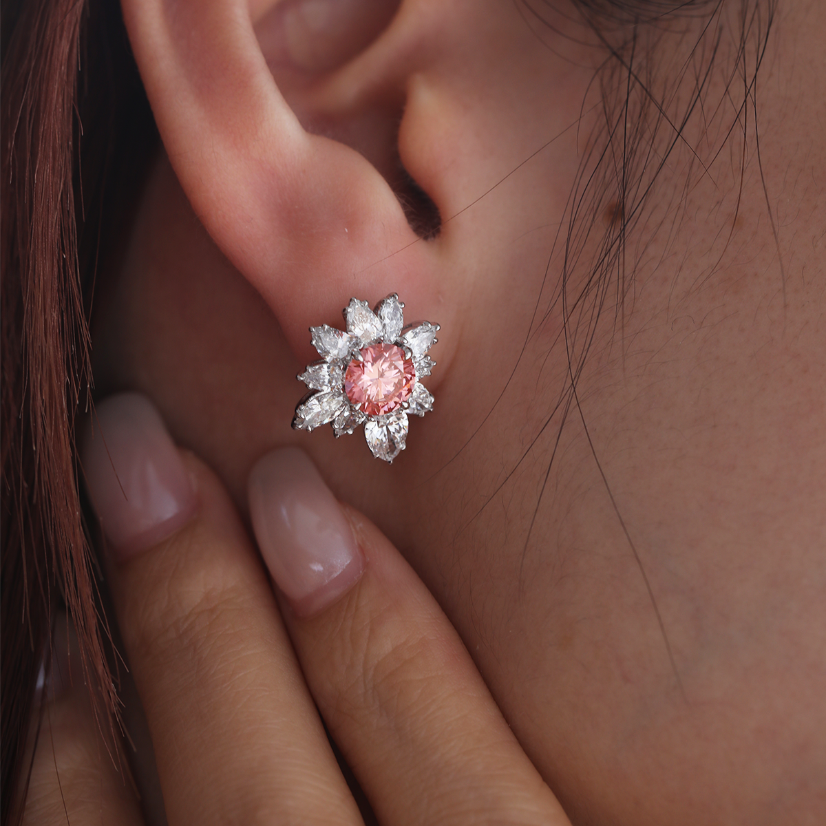 Platinum 2 ct tw Pink Round Cut Lab Dimaond Floral Nature-Inspired Stud Earrings Platinum 2 ct tw Pink Round Cut Lab Dimaond Floral Nature-Inspired Stud Earrings