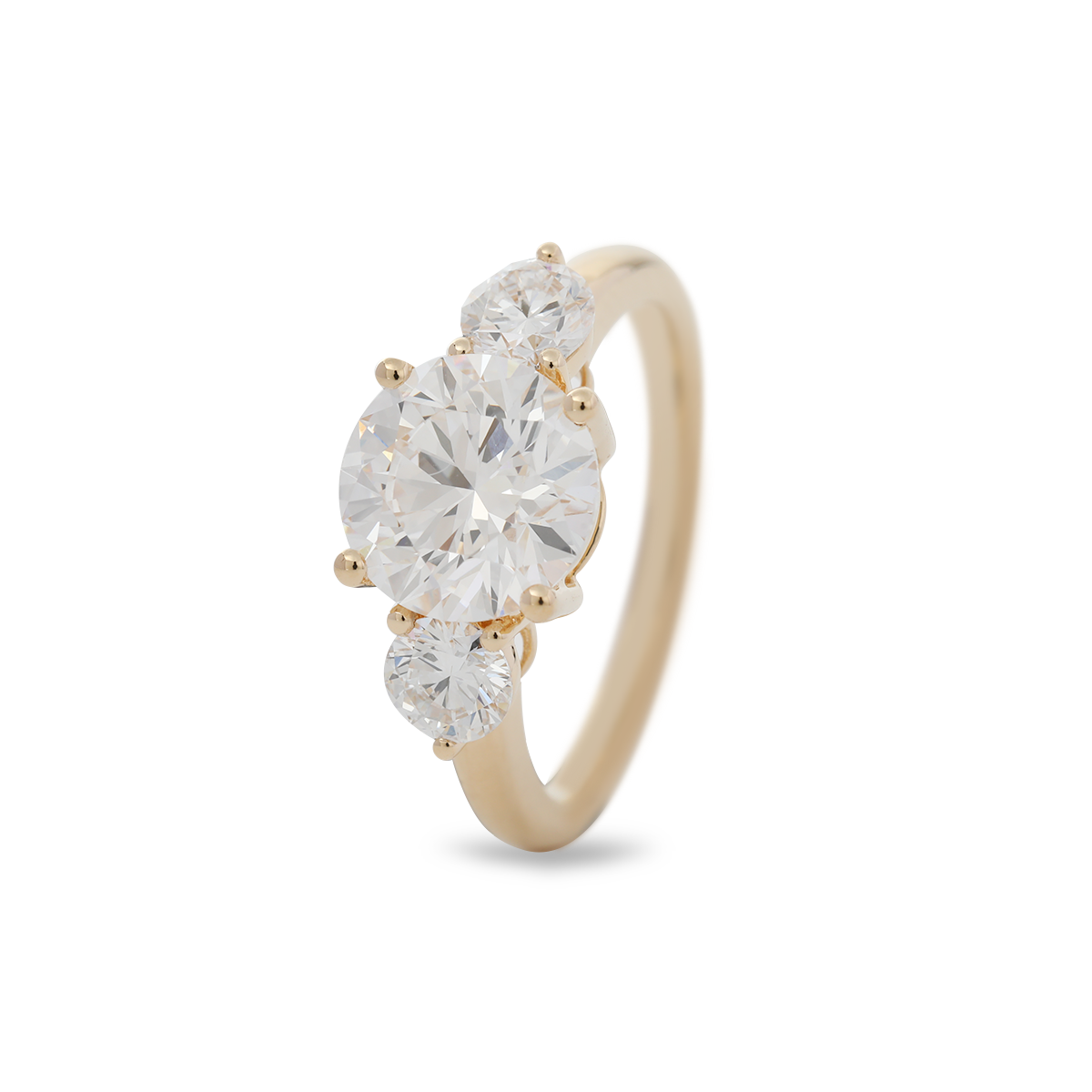 18K Yellow Gold 2.5ct Round Lab Diamond Round Prong Basket Three-stone Engagement Ring with Two Ring Enhancers in Bridal Ring Set Design 18K Yellow Gold 2.5ct Round Lab Diamond Round Prong Basket Three-stone Engagement Ring with Two Ring Enhancers in Bridal Ring Set Design