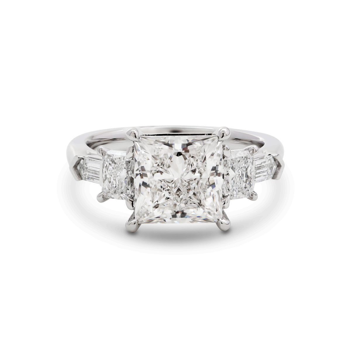 Platinum 2.5ct Princess Cut Lab Diamond 5 Stone Engagement Ring with Radiant Cut and Bullet Cut Side-stones Platinum 2.5ct Princess Cut Lab Diamond 5 Stone Engagement Ring with Radiant Cut and Bullet Cut Side-stones