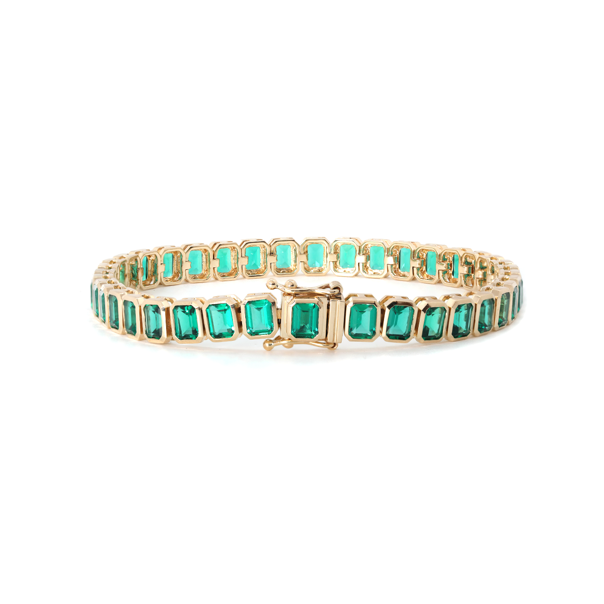 14K Yellow Gold Emerald Cut Lab Zambian Emerald Bezel Tennis Bracelet 14K Yellow Gold Emerald Cut Lab Zambian Emerald Bezel Tennis Bracelet