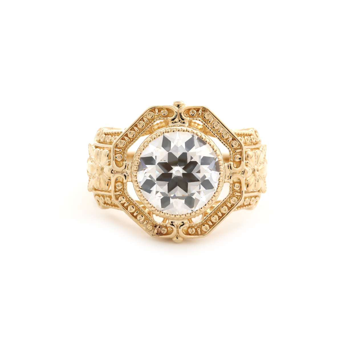 14K Yellow Gold 3ct Old European Cut Lab Diamond Millegrain Bezel Vintage Engraved Ring - Art Deco Style 14K Yellow Gold 3ct Old European Cut Lab Diamond Millegrain Bezel Vintage Engraved Ring - Art Deco Style