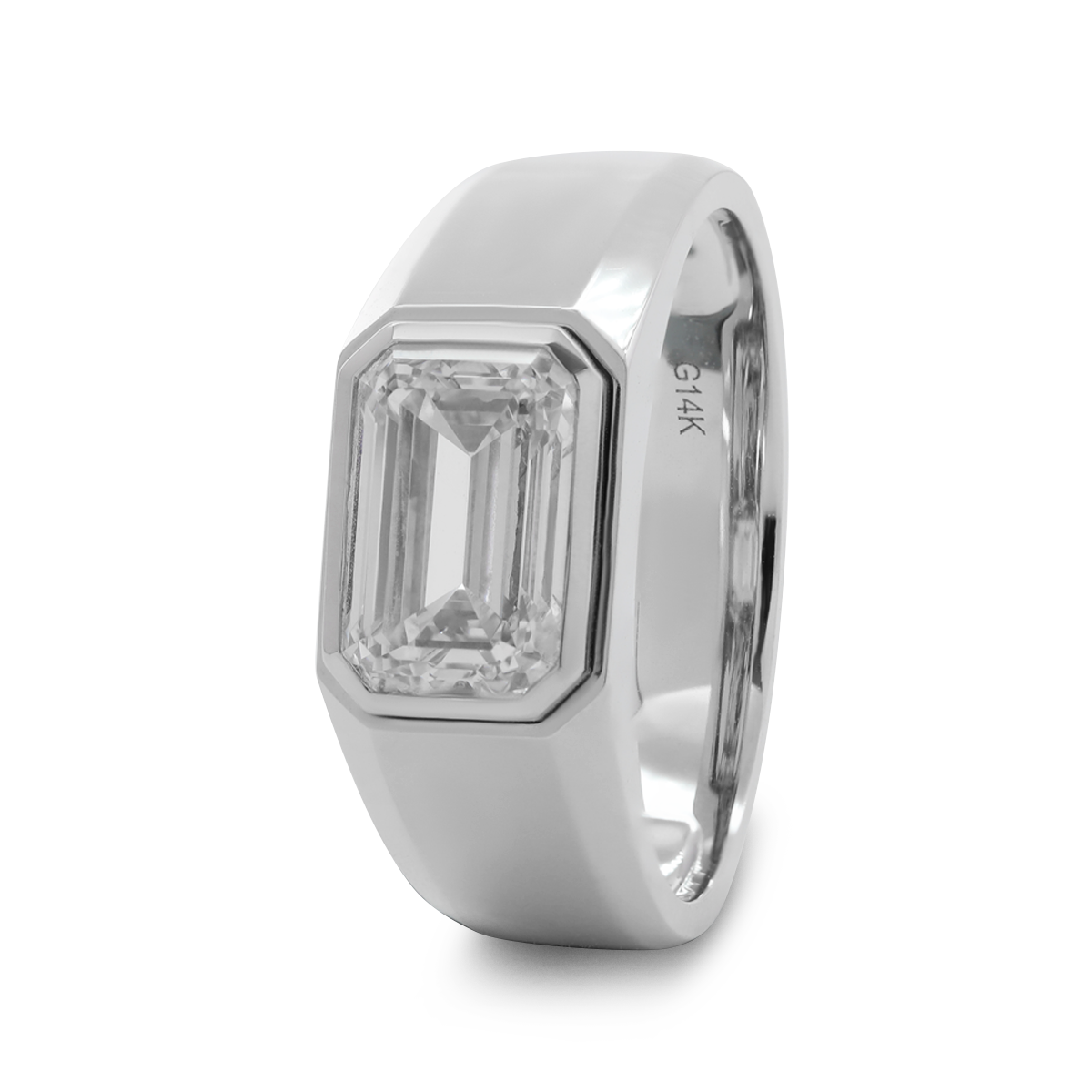 14K White Gold 3ct Emerald Cut Lab Diamond Bezel Men's Ring in Tapered Band Design 14K White Gold 3ct Emerald Cut Lab Diamond Bezel Men's Ring in Tapered Band Design