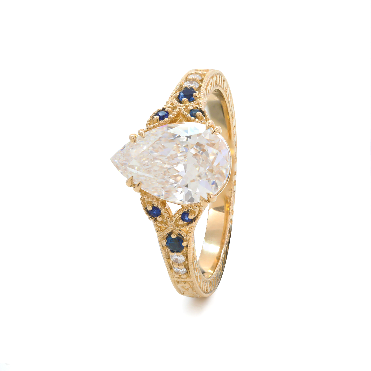 14K Yellow Gold 2.5ct Pear Lab Diamond with Round Lab Diamond and Lab Sapphire Side-stone Millegrain Floral Engraving Ring-Art Nouveau Nature-Inspired 14K Yellow Gold 2.5ct Pear Lab Diamond with Round Lab Diamond and Lab Sapphire Side-stone Millegrain Floral Engraving Ring-Art Nouveau Nature-Inspired