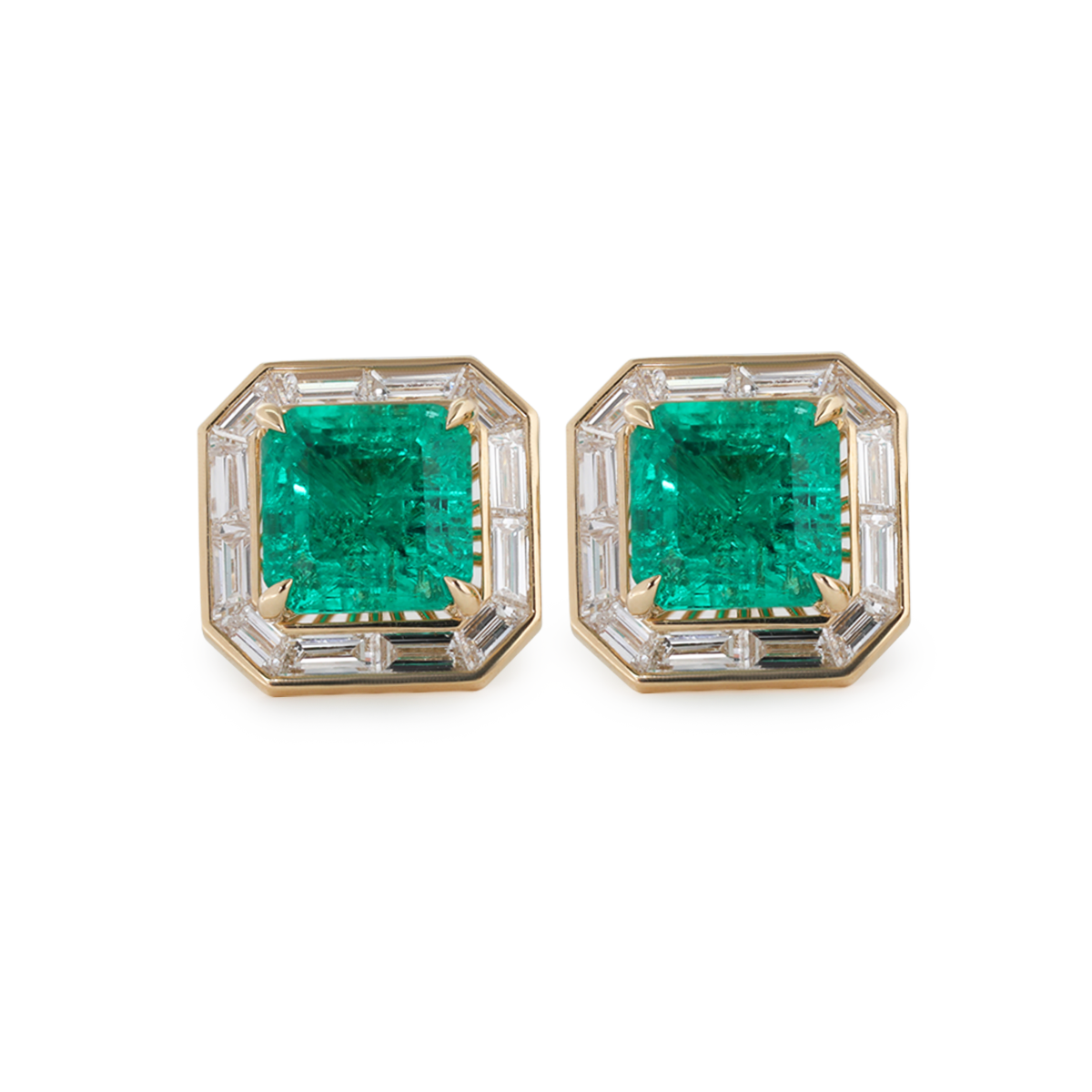 14K Yellow Gold 4.5 ct tw Asshcer Cut Colombian Lab Emerald Halo Stud Earrings 14K Yellow Gold 4.5 ct tw Asshcer Cut Colombian Lab Emerald Halo Stud Earrings