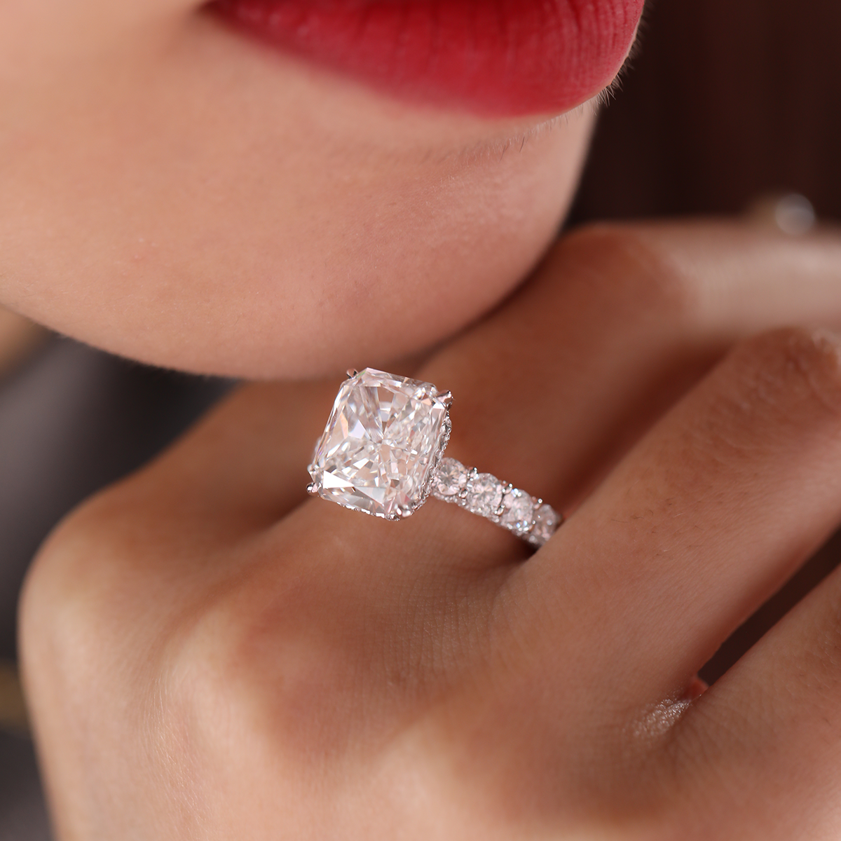 14K White Gold 5.5ct Radiant Cut Lab Diamond Engagement Ring with Hidden Halo and 2/3 Pave Band 14K White Gold 5.5ct Radiant Cut Lab Diamond Engagement Ring with Hidden Halo and 2/3 Pave Band