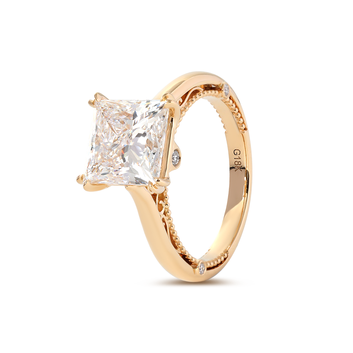 18K Yellow Gold 4ct Princess Cut Lab Diamond Double Claw Prongs Vintage Millegrain Ring – Art Nouveau Nature-Inspired Design 18K Yellow Gold 4ct Princess Cut Lab Diamond Double Claw Prongs Vintage Millegrain Ring – Art Nouveau Nature-Inspired Design