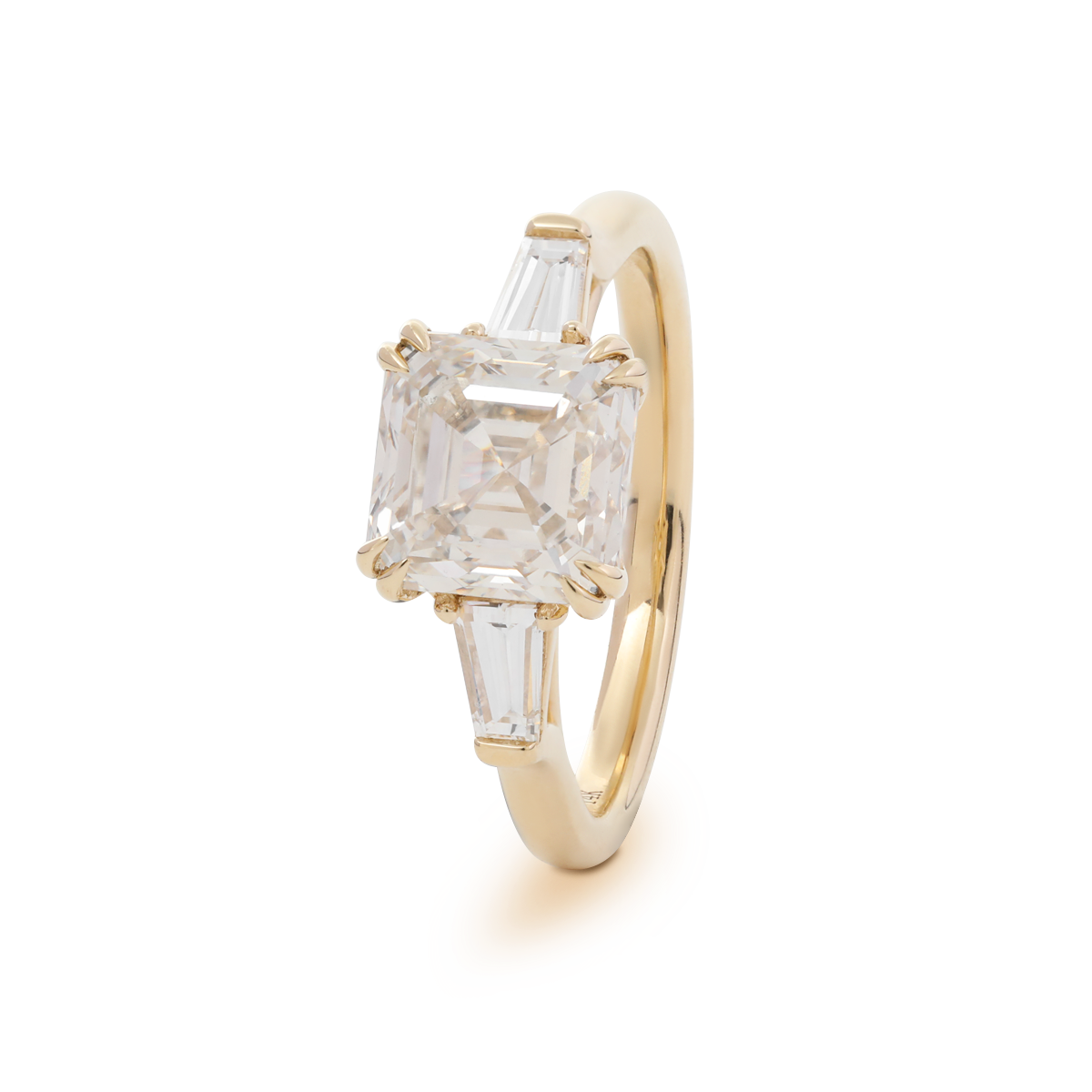 14K Yellow Gold 3.5ct Asscher Cut Lab diamond Double Claw Prongs Three-stone Ring with Two Tapered Baguette Cut 14K Yellow Gold 3.5ct Asscher Cut Lab diamond Double Claw Prongs Three-stone Ring with Two Tapered Baguette Cut