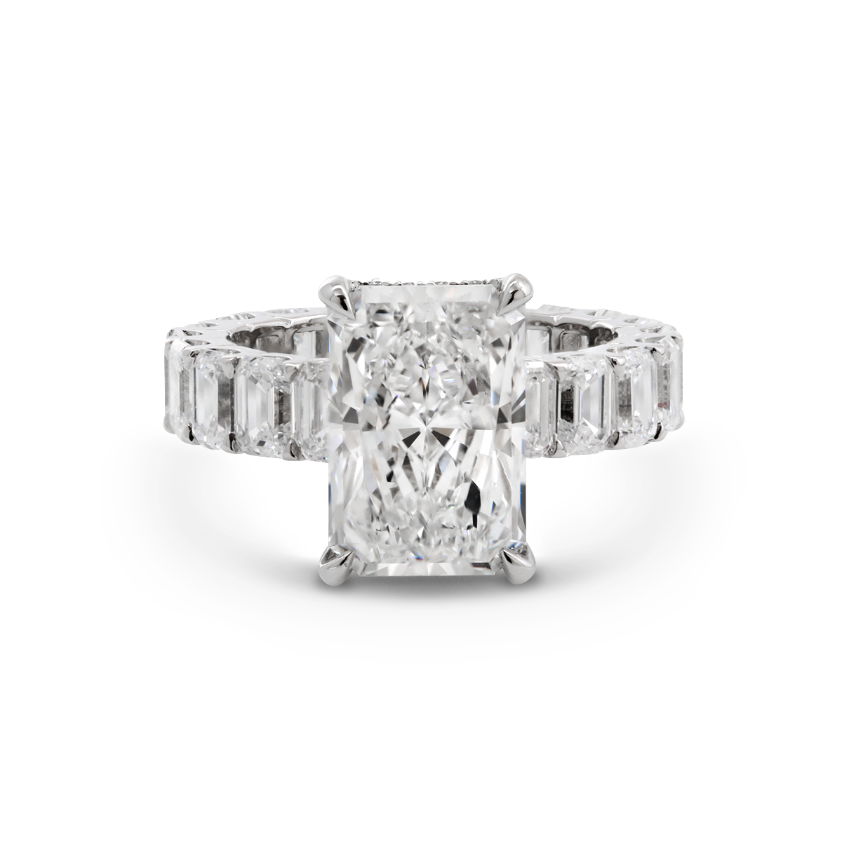 Platinum 4ct Radiant Cut Lab Diamond 4 Calw Prong Basket Ring with Round Lab Diamond Hiddden-Halo and Emerald Cut Lab Diamond Pave Platinum 4ct Radiant Cut Lab Diamond 4 Calw Prong Basket Ring with Round Lab Diamond Hiddden-Halo and Emerald Cut Lab Diamond Pave