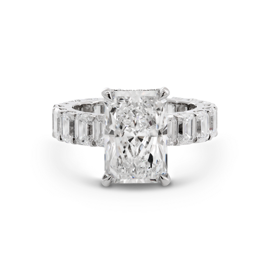 Platinum 4ct Radiant Cut Lab Diamond 4 Calw Prong Basket Ring with Round Lab Diamond Hiddden-Halo and Emerald Cut Lab Diamond Pave