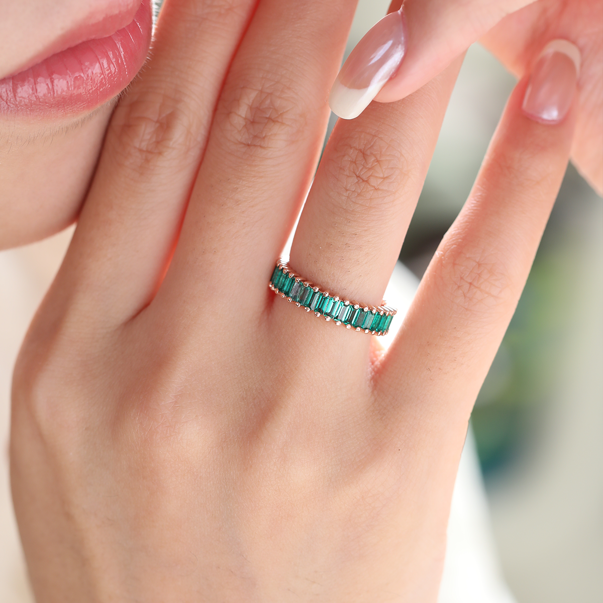 14K Rose Gold 3*1.5mm Baguette Cut Zambian Lab Emerald Eternity Ring 14K Rose Gold 3*1.5mm Baguette Cut Zambian Lab Emerald Eternity Ring