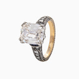 18K Gold 4.5ct Elongated Old Mine Cut Lab Diamond Antique-inspired Ring with Princess Cut Lab Sapphire & Round Cut Lab Diamond Side-stone 18K Gold 4.5ct Elongated Old Mine Cut Lab Diamond Antique-inspired Ring with Princess Cut Lab Sapphire & Round Cut Lab Diamond Side-stone