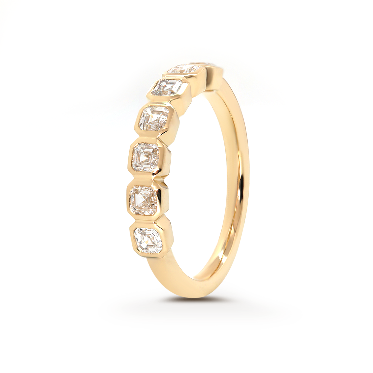 14K Yellow Gold Asscher Cut Lab Diamond 7 Stone Bezel Half Eternity Ring 14K Yellow Gold Asscher Cut Lab Diamond 7 Stone Bezel Half Eternity Ring