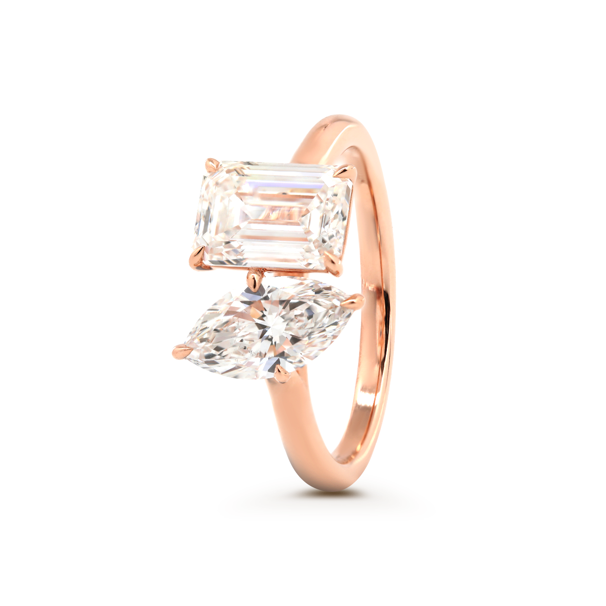 14K Rose Gold Marquise Cut and Emerald Cut Lab Diamond Toi et Moi Ring 14K Rose Gold Marquise Cut and Emerald Cut Lab Diamond Toi et Moi Ring