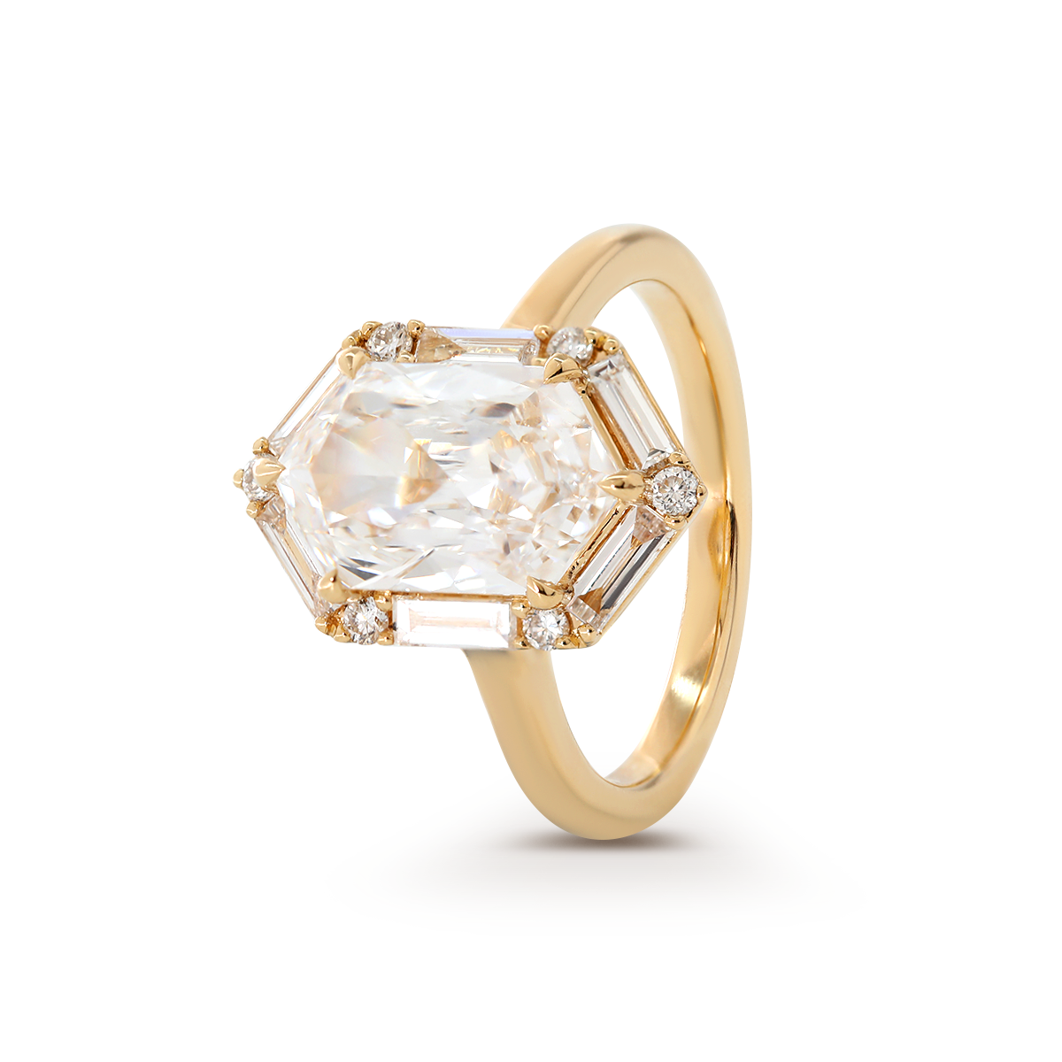 14K Yellow Gold 2.5ct Duchess Cut Elongated Hexagonal Lab Diamond Ring with Baguette Cut and Round Diamond Halo 14K Yellow Gold 2.5ct Duchess Cut Elongated Hexagonal Lab Diamond Ring with Baguette Cut and Round Diamond Halo