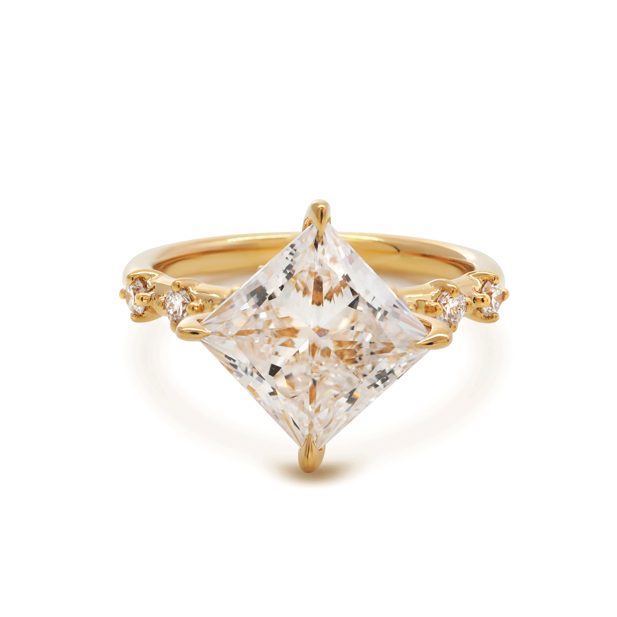 18K Yellow Gold 3.5ct Princess Cut Lab Diamond Vintage Ring with Marquise Cut and Round Lab Diamond Side-stones 18K Yellow Gold 3.5ct Princess Cut Lab Diamond Vintage Ring with Marquise Cut and Round Lab Diamond Side-stones