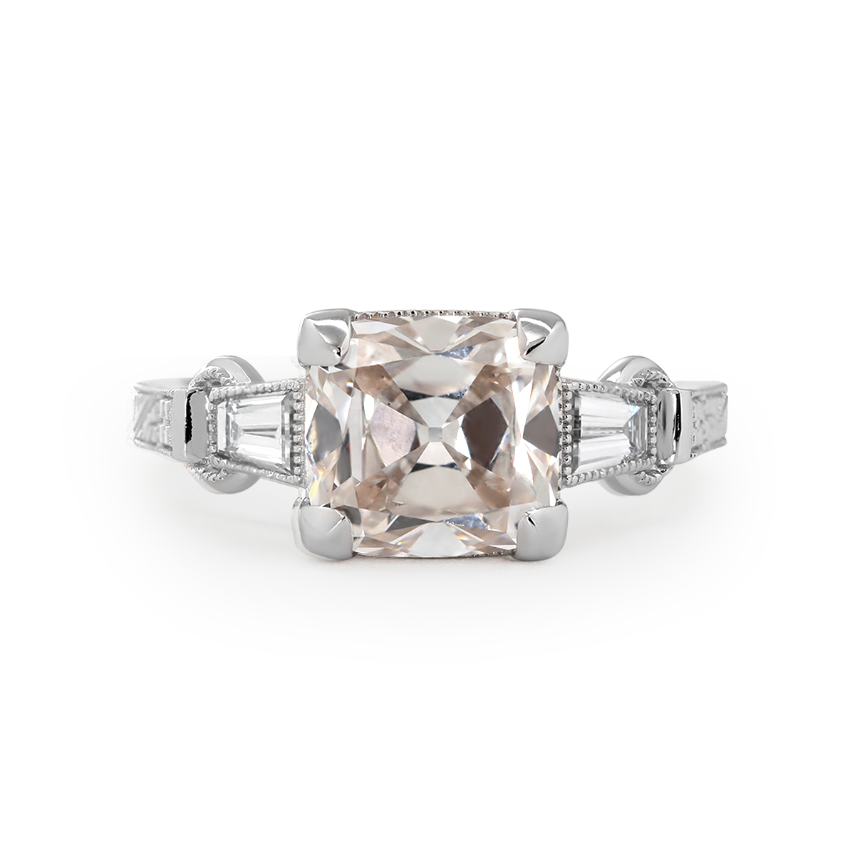 14K White Gold 3ct Old Mine Cut Lab Diamond Art Deco Style Vintage Engraved Three-stone Ring with Tapered Baguette Cut Side Stones 14K White Gold 3ct Old Mine Cut Lab Diamond Art Deco Style Vintage Engraved Three-stone Ring with Tapered Baguette Cut Side Stones