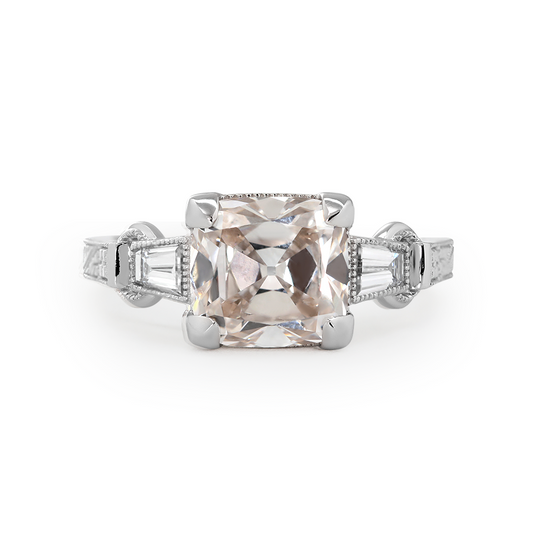 14K White Gold 3ct Old Mine Cut Lab Diamond Art Deco Style Vintage Engraved Three-stone Ring with Tapered Baguette Cut Side Stones