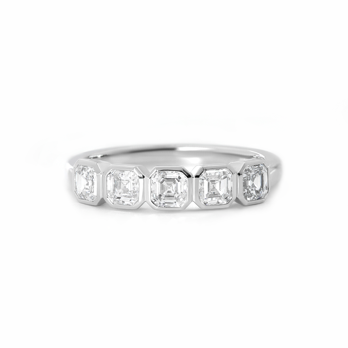 14K White Gold Asscher Cut Lab Diamond 5 Stone Bezel Half Eternity Ring 14K White Gold Asscher Cut Lab Diamond 5 Stone Bezel Half Eternity Ring