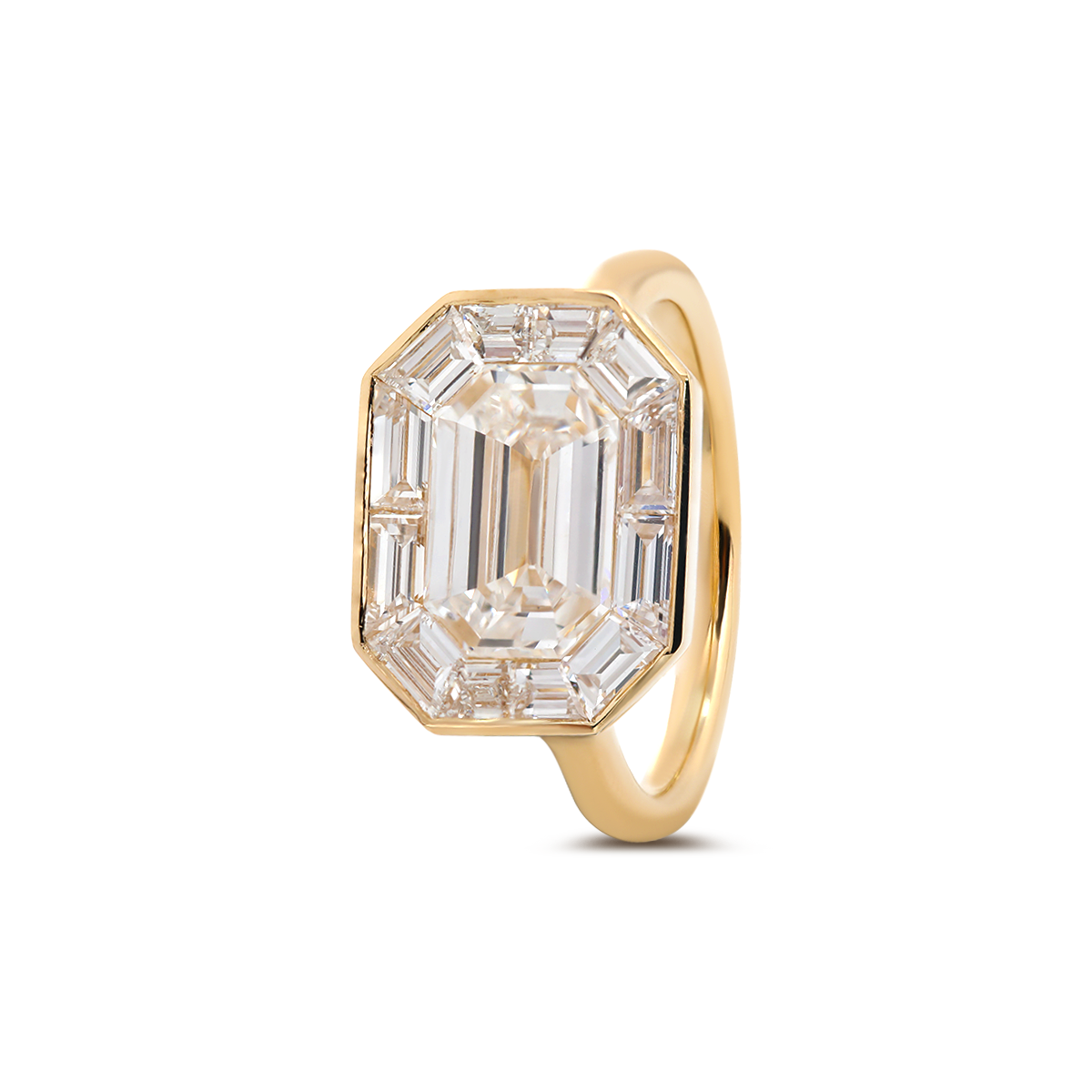 14K Yellow Gold 2.5ct Antique Emerald Cut Lab Diamond Ring with Tapered Step Cut Lab Diamond Halo 14K Yellow Gold 2.5ct Antique Emerald Cut Lab Diamond Ring with Tapered Step Cut Lab Diamond Halo