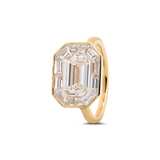 14K Yellow Gold 2.5ct Antique Emerald Cut Lab Diamond Ring with Tapered Step Cut Lab Diamond Halo 14K Yellow Gold 2.5ct Antique Emerald Cut Lab Diamond Ring with Tapered Step Cut Lab Diamond Halo