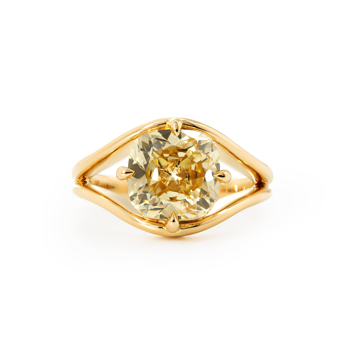 14K Yellow Gold 4ct Old Mine Cut Yellow Lab Diamond 4 Claw Prongs Solitaire Ring with Split Band Design 14K Yellow Gold 4ct Old Mine Cut Yellow Lab Diamond 4 Claw Prongs Solitaire Ring with Split Band Design
