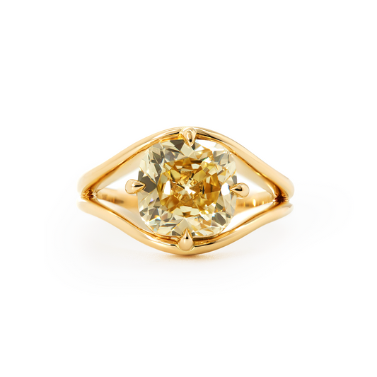 14K Yellow Gold 4ct Old Mine Cut Yellow Lab Diamond 4 Claw Prongs Solitaire Ring with Split Band Design