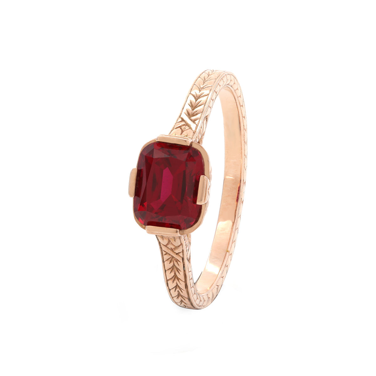 14K Rose Gold 1ct Elongated Cushion Pigeon Blood Lab Ruby Half Bezel Solitaire Ring 14K Rose Gold 1ct Elongated Cushion Pigeon Blood Lab Ruby Half Bezel Solitaire Ring