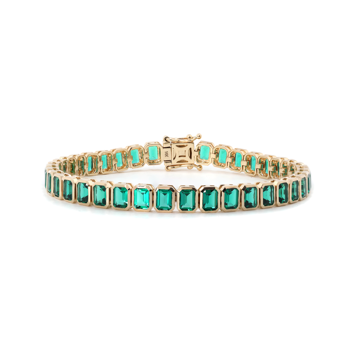 14K Yellow Gold Emerald Cut Lab Zambian Emerald Bezel Tennis Bracelet 14K Yellow Gold Emerald Cut Lab Zambian Emerald Bezel Tennis Bracelet