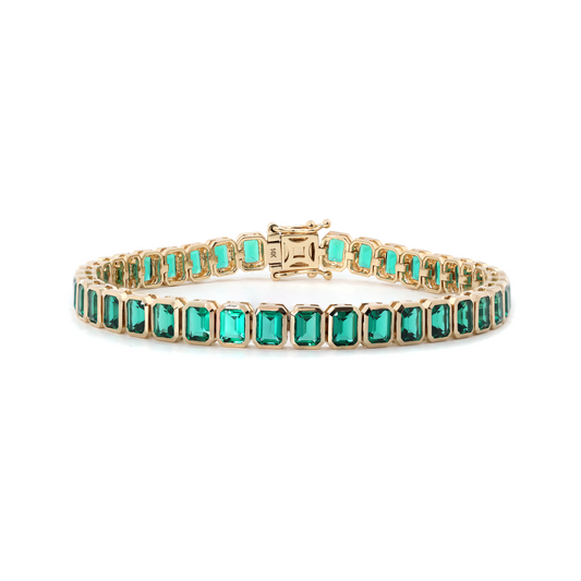 14K Yellow Gold Emerald Cut Lab Zambian Emerald Bezel Tennis Bracelet