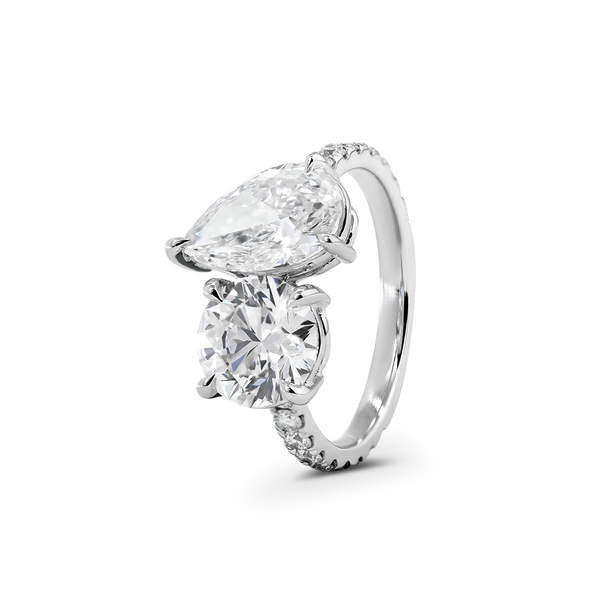 14K White Gold Round and Pear Lab Diamond Toi et Moi Ring with Pave Design 14K White Gold Round and Pear Lab Diamond Toi et Moi Ring with Pave Design