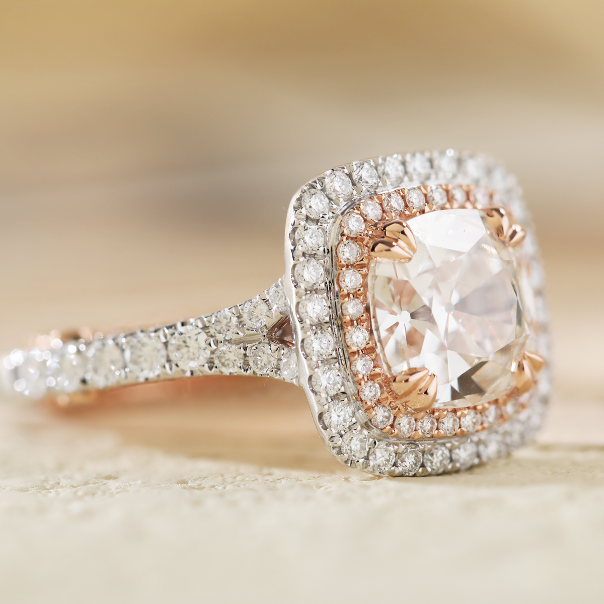 14K White and Rose Gold 2.5ct Old Mine Cut Lab Diamond Evelina Halo Edwardian Style Ring with Waverly Band and Millegrain Edging 14K White and Rose Gold 2.5ct Old Mine Cut Lab Diamond Evelina Halo Edwardian Style Ring with Waverly Band and Millegrain Edging